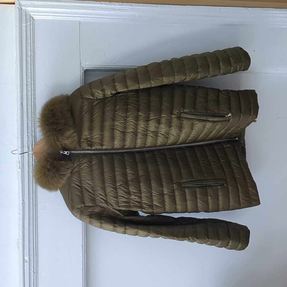 Yves solomon army reversible olive / pink camo with fox fur